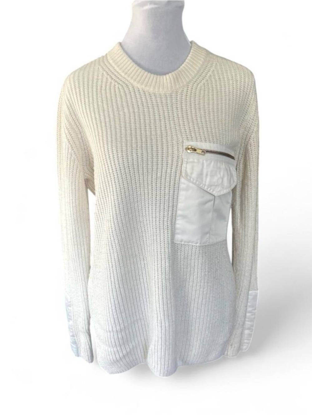 Topshop Cream Crewneck Sweater with Zip Pocket Detail